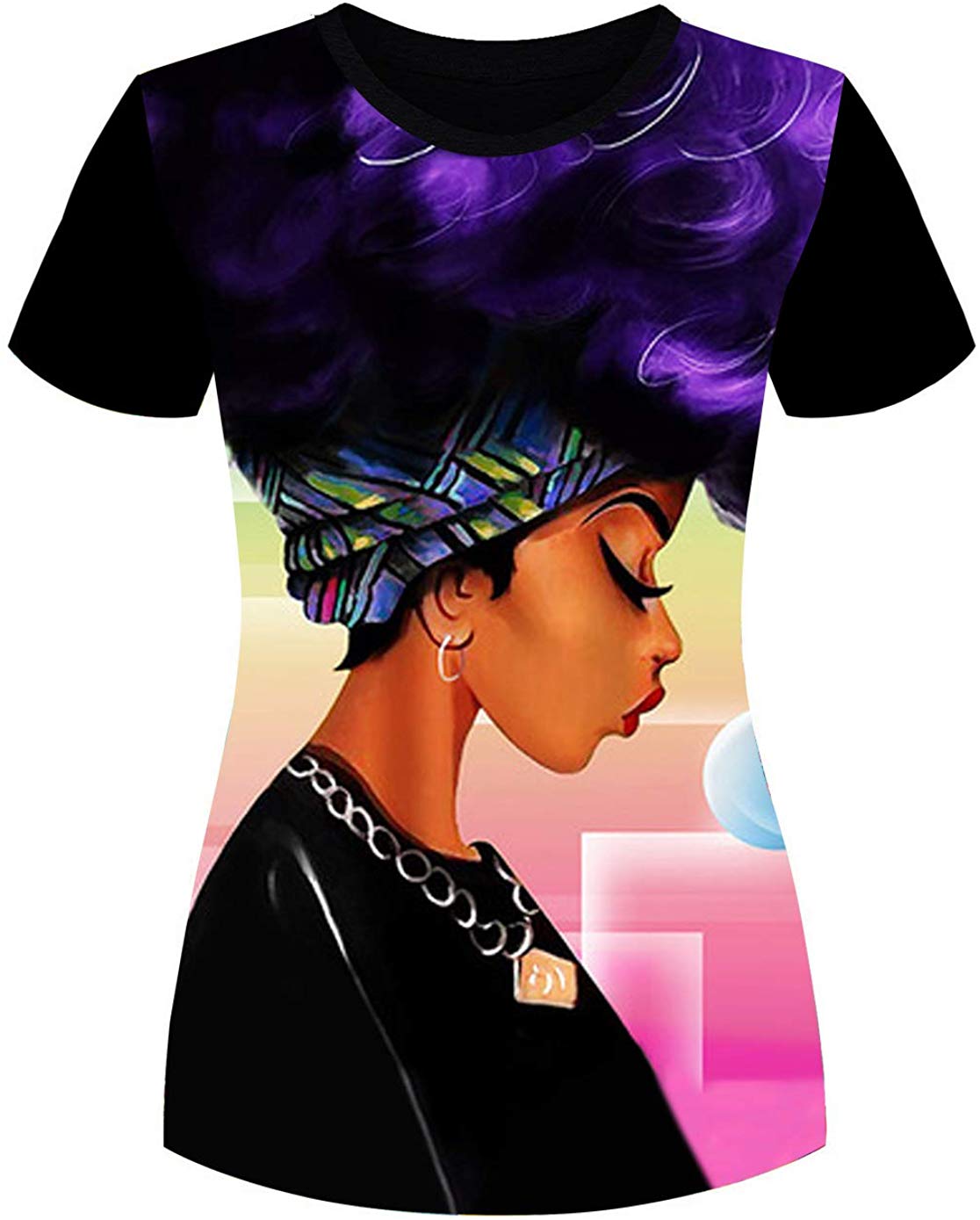 Women's T Shirts Black Woman Afro Natural Hair 3D Floral Print Casual Tops for Women Tees Black 5