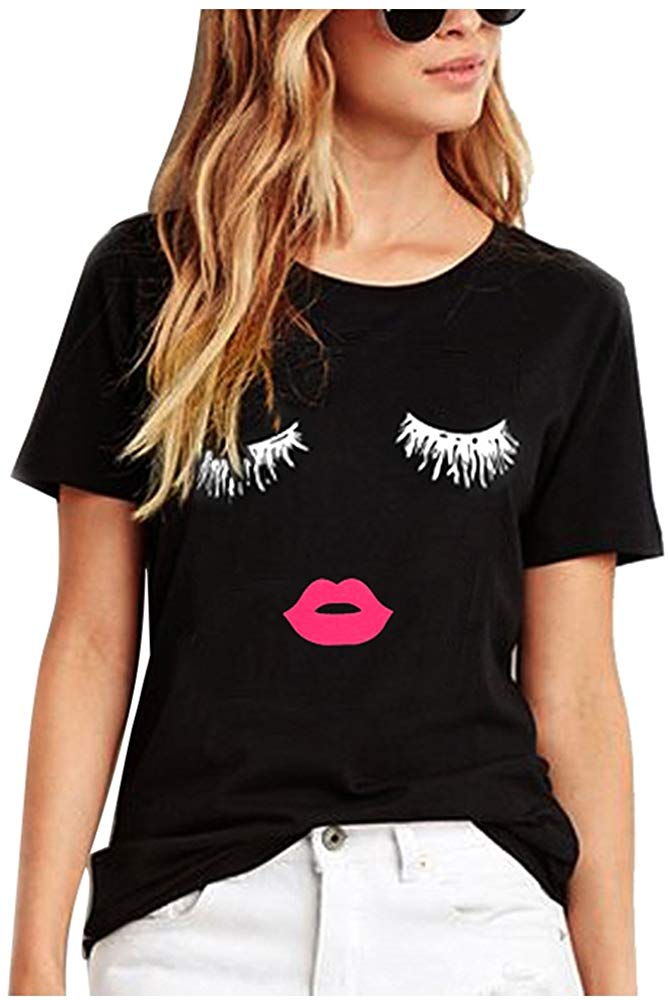 Fashion Womens Summer Casual Tops 3D Print Eyelash Mouth T Shirt Z black