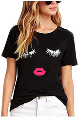Fashion Womens Summer Casual Tops 3D Print Eyelash Mouth T Shirt Z black