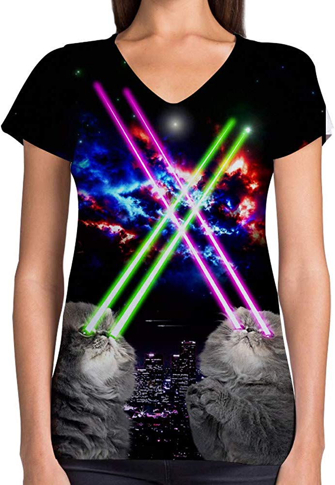 Animals Dinosaurs Others Print 3D Woman V Neck Tee Polyester Cat Laser Eye