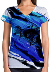 Sport Flag and Fire Print 3D Woman V Neck Tee Polyester Scuba Diver Ink