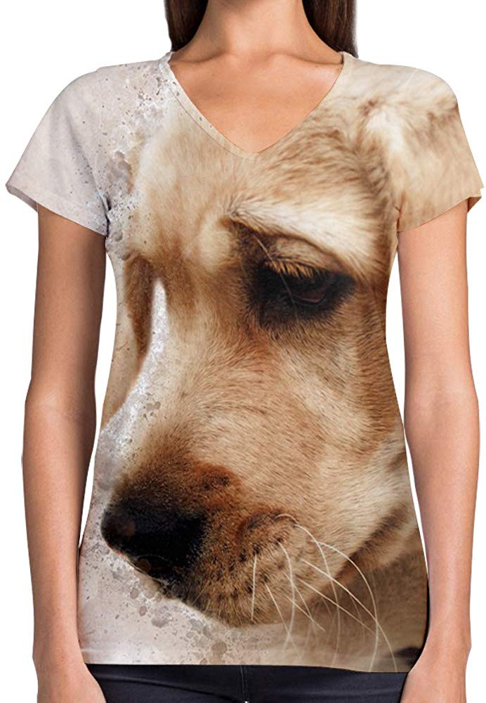 Animals Dinosaurs Others Print 3D Woman V Neck Tee Polyester Sad Golden Retriever