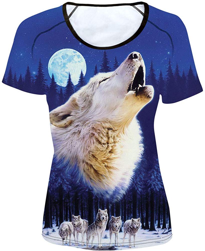 Women' Girl's T Shirt with Animl Cat Dog Print Blue Wolf