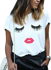 Fashion Womens Summer Casual Tops 3D Print Eyelash Mouth T Shirt Mom