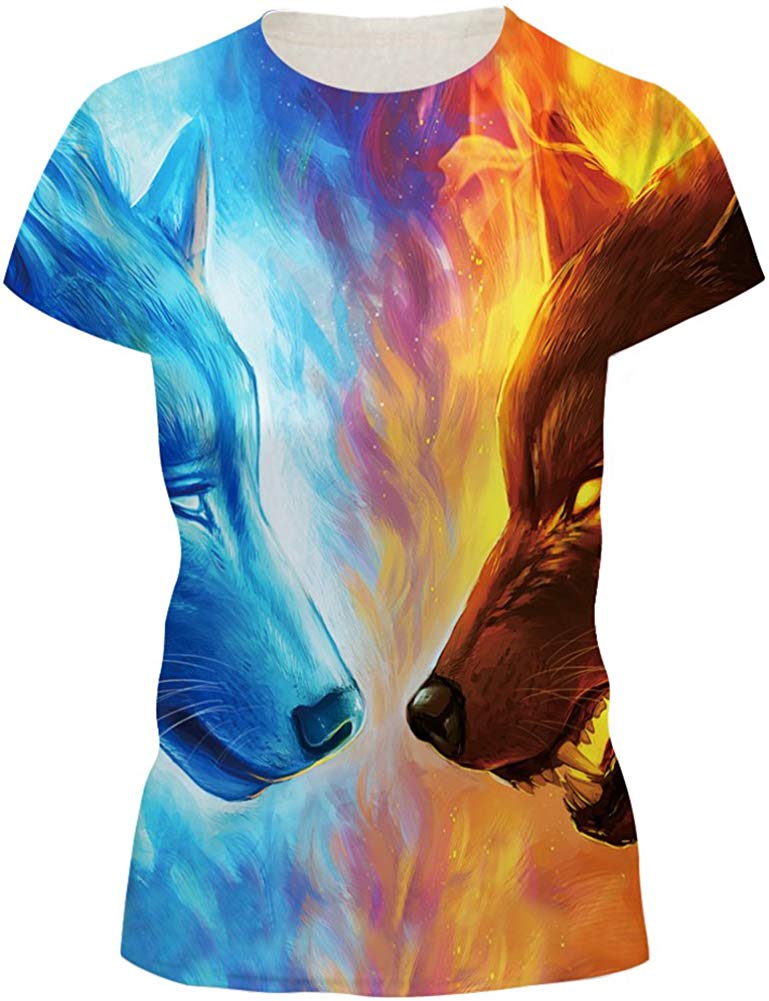 Women's 3D Print T Shirt Graphic Tee Novelty Casual Crew Neck Ice Fire Wolves 1