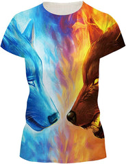 Women's 3D Print T Shirt Graphic Tee Novelty Casual Crew Neck Ice Fire Wolves 1