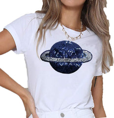 Womens Casual Alien Print Short Sleeve Loose T Shirt Top White03