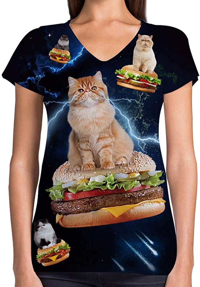 Animals Dinosaurs Others Print 3D Woman V Neck Tee Polyester Burger Space Cats