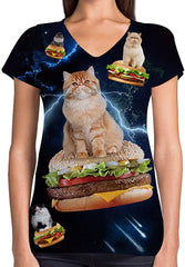 Animals Dinosaurs Others Print 3D Woman V Neck Tee Polyester Burger Space Cats