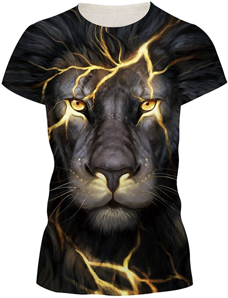Women's 3D Print T Shirt Graphic Tee Novelty Casual Crew Neck Lighting Lion 1