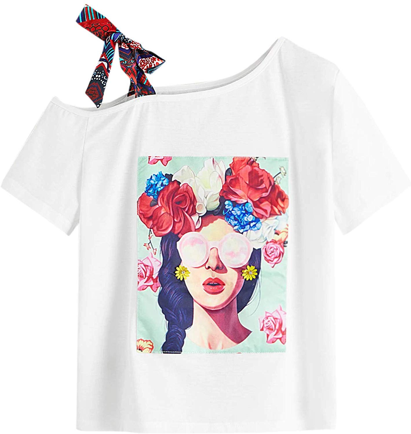 Romwe Women's Oversized Loose Short Sleeve Round Neck Graphic Print Applique Tee Shirt Tops Multicolored #1