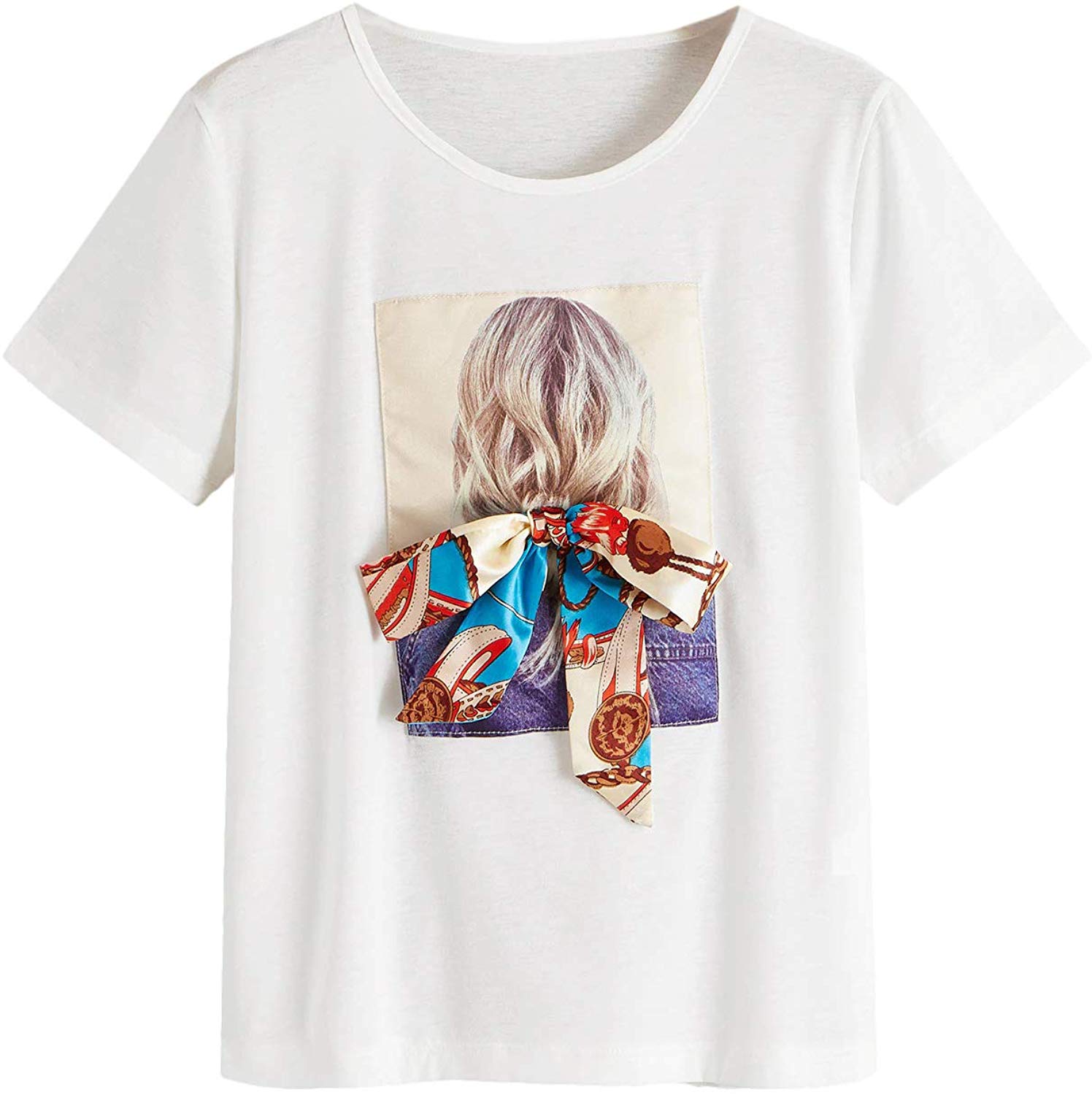 Romwe Women's Oversized Loose Short Sleeve Round Neck Graphic Print Applique Tee Shirt Tops Multicolored #6