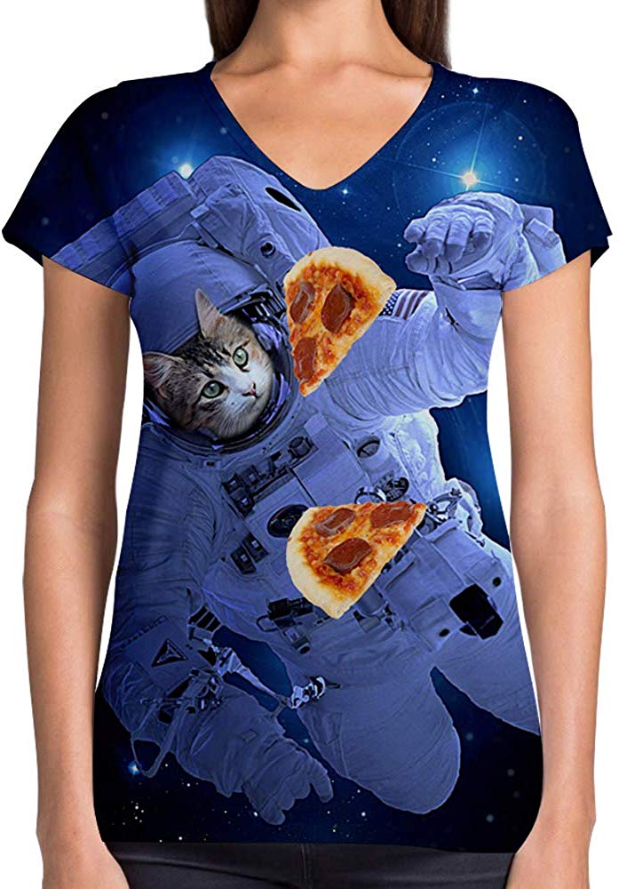 Animals Dinosaurs Others Print 3D Woman V Neck Tee Polyester Astronaut Cat
