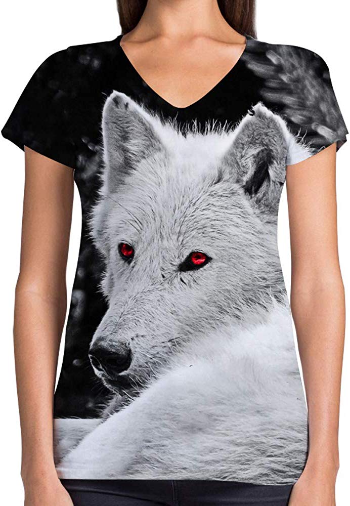 Animals Dinosaurs Others Print 3D Woman V Neck Tee Polyester Face Wolf
