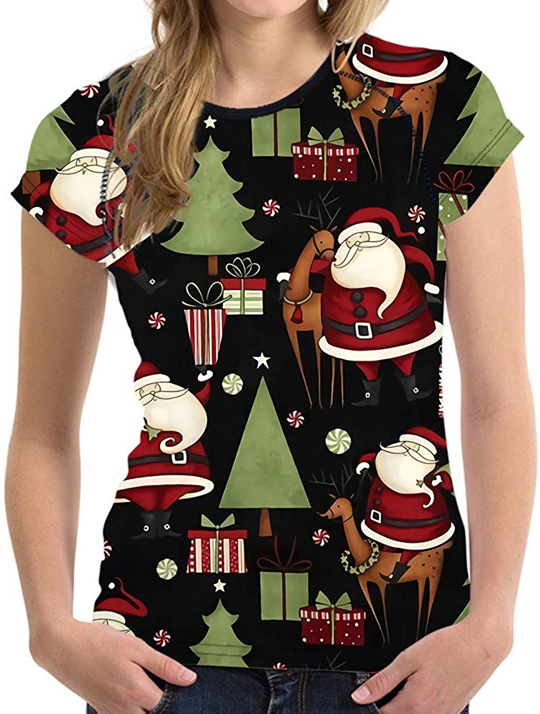 Horse Print Women T Shirt Art Design Tee Girls Elastic Short Sleeve Xmas Decor