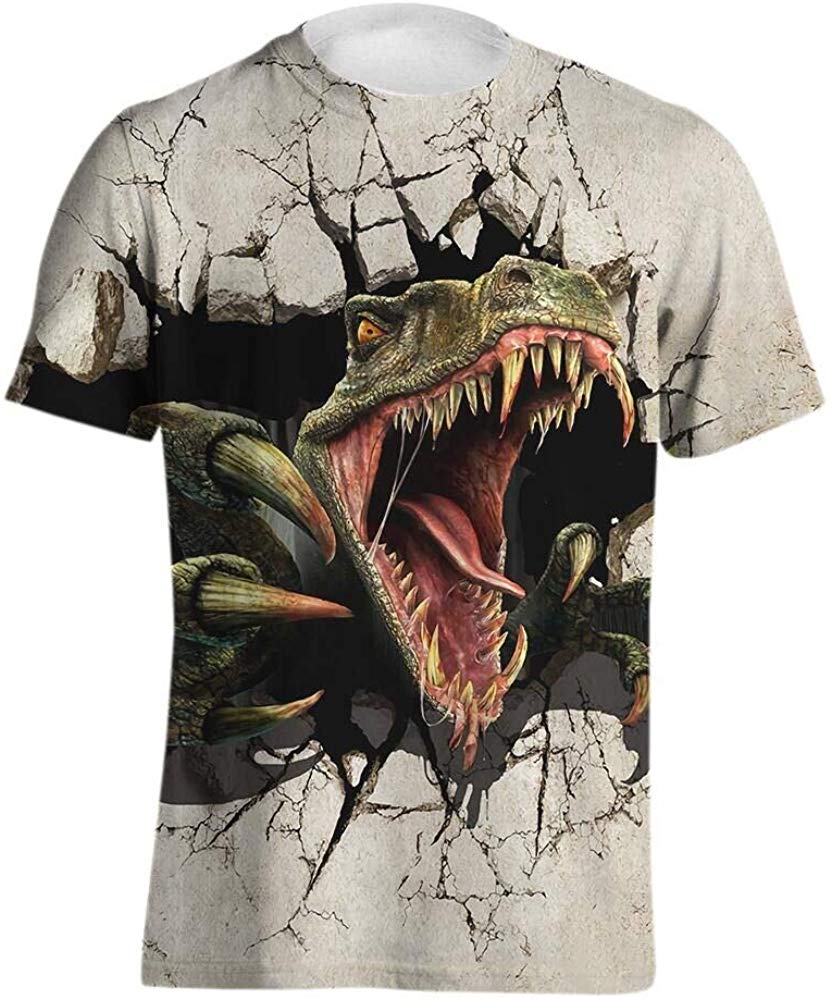 Men's Personality 3D Printed T Shirt,Dinosaur,Piranha,Dog,Elephant,Printing Short Sleeve Fashion Tee Dinosaur Color