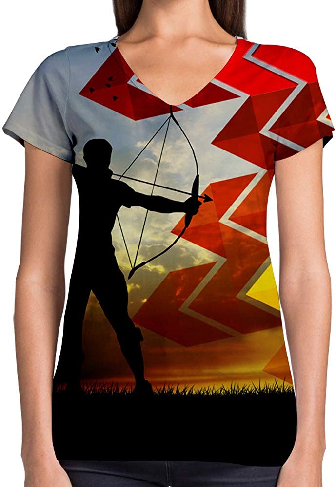 Sport Flag and Fire Print 3D Woman V Neck Tee Polyester Archery Silhouette