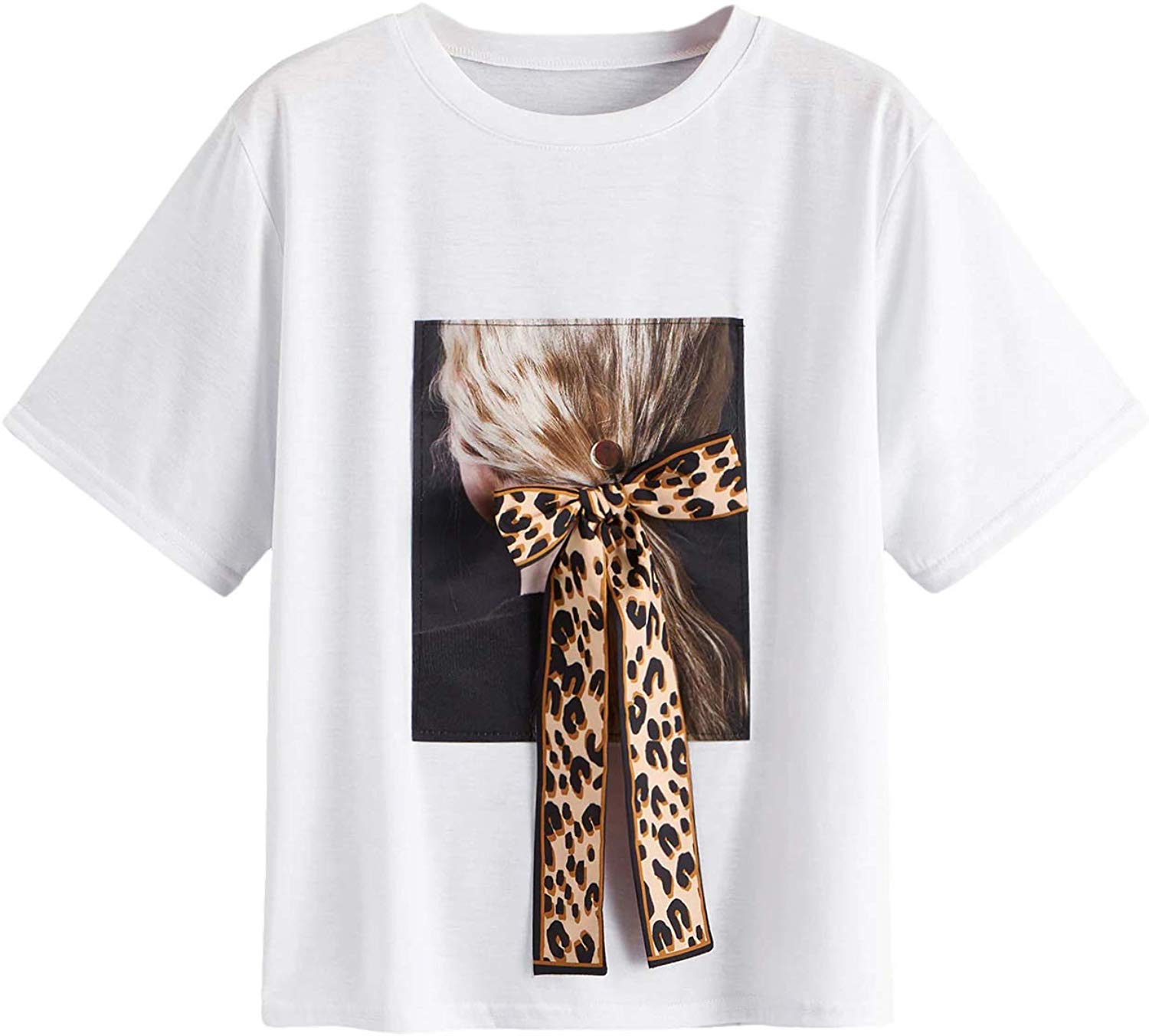 Romwe Women's Oversized Loose Short Sleeve Round Neck Graphic Print Applique Tee Shirt Tops Multicolored #7
