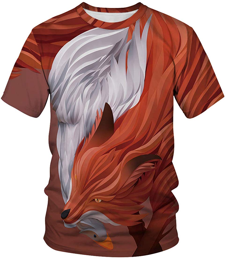 Unisex T Shirt 3D Pattern Print Novelty Short Sleeve Sports Fitness Summer Tee Orange Fox b