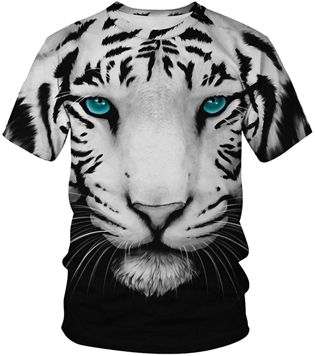 Velynce Unisex Thin Shirts Stylish 3D Digital Printed Lion Skull Casual Personality T Shirts Couple Clothing White Tiger #8