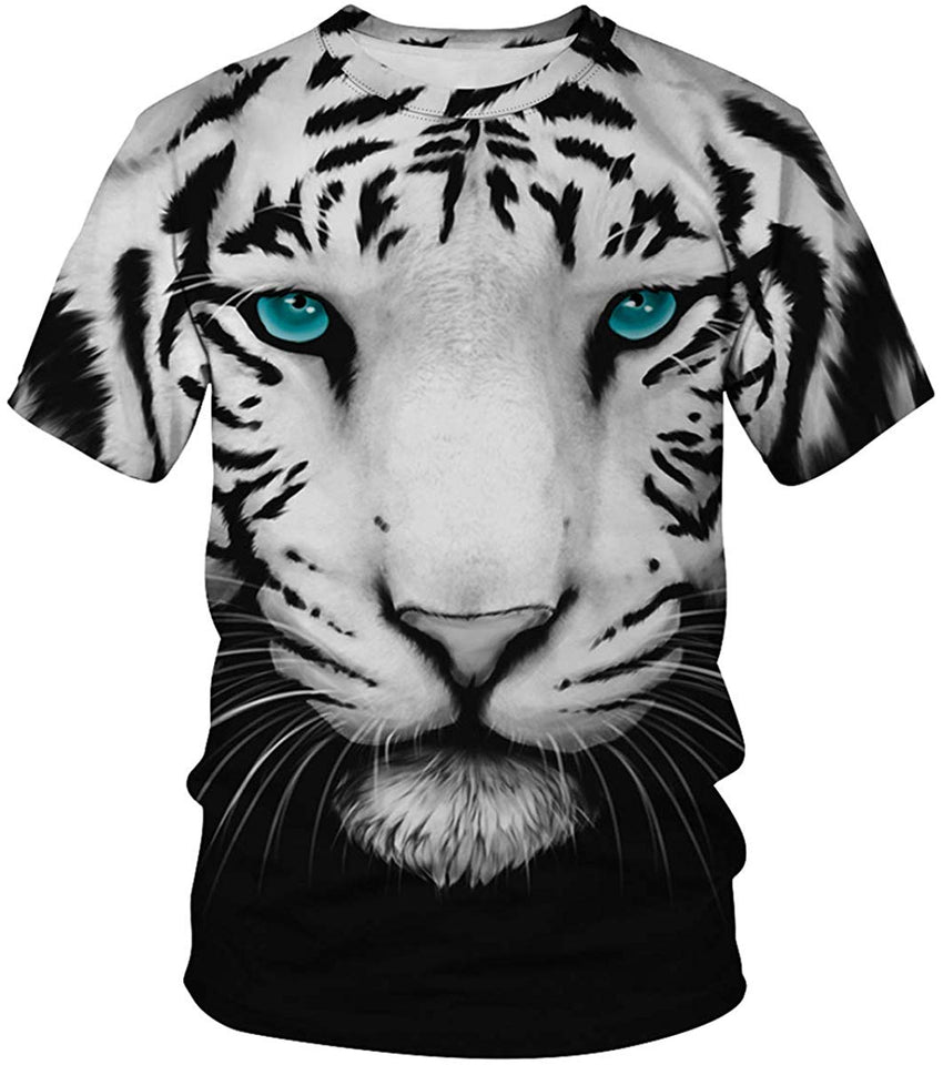 Velynce Unisex Thin Shirts Stylish 3D Digital Printed Lion Skull Casual Personality T Shirts Couple Clothing White Tiger #8