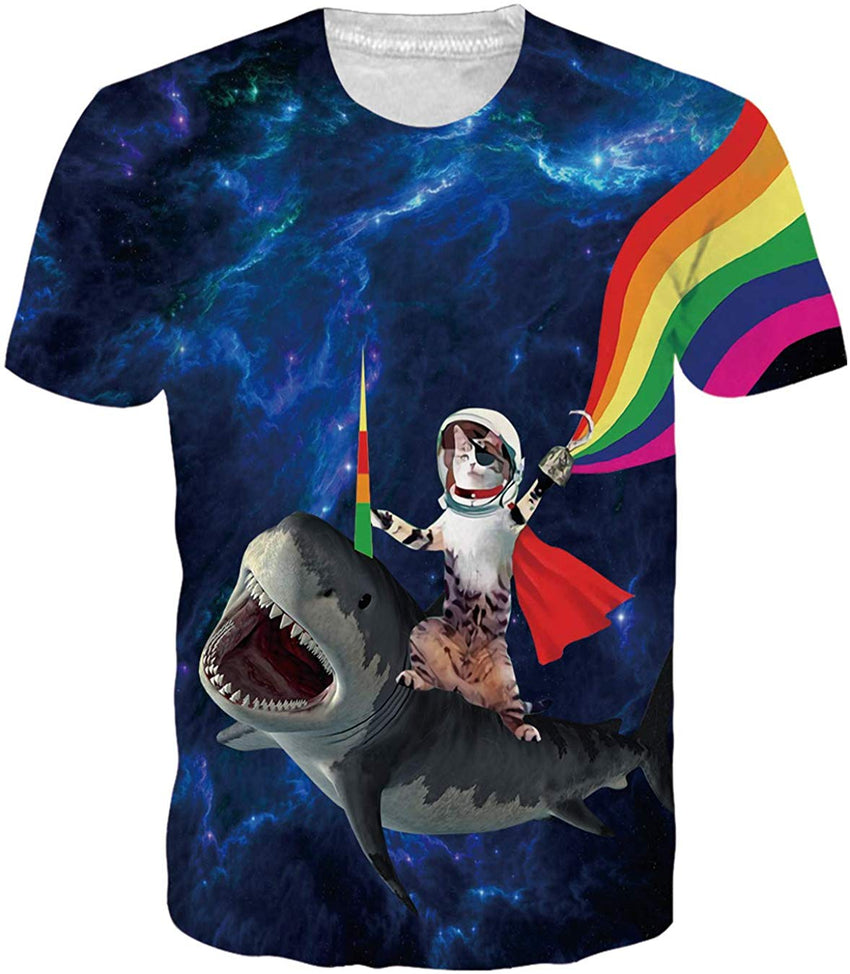 Unisex 3D Printed Pattern Short Sleeve T Sleeve Cool Graphic Tees Top Cat Ride Shark