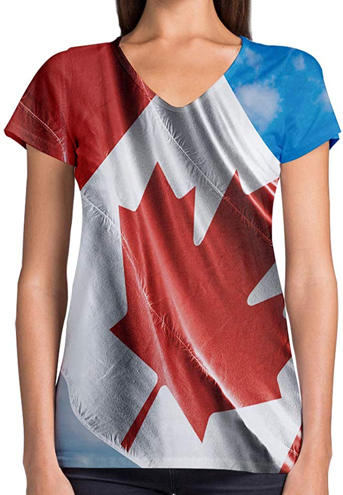 Sport Flag and Fire Print 3D Woman V Neck Tee Polyester Canada Flag