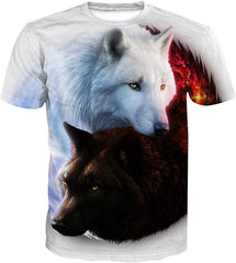 Men's O Neck 3D Digital Print Fire and Ice Wolf Short Sleeve T Shirts Nature