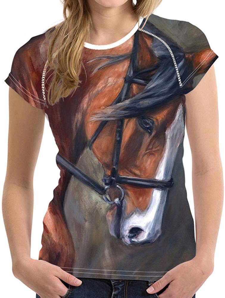 Horse Print Women T Shirt Art Design Tee Girls Elastic Short Sleeve Horse 05