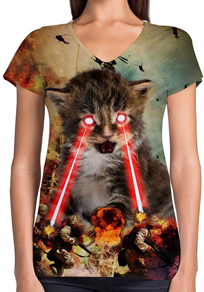 Animals Dinosaurs Others Print 3D Woman V Neck Tee Polyester Laser Cat War