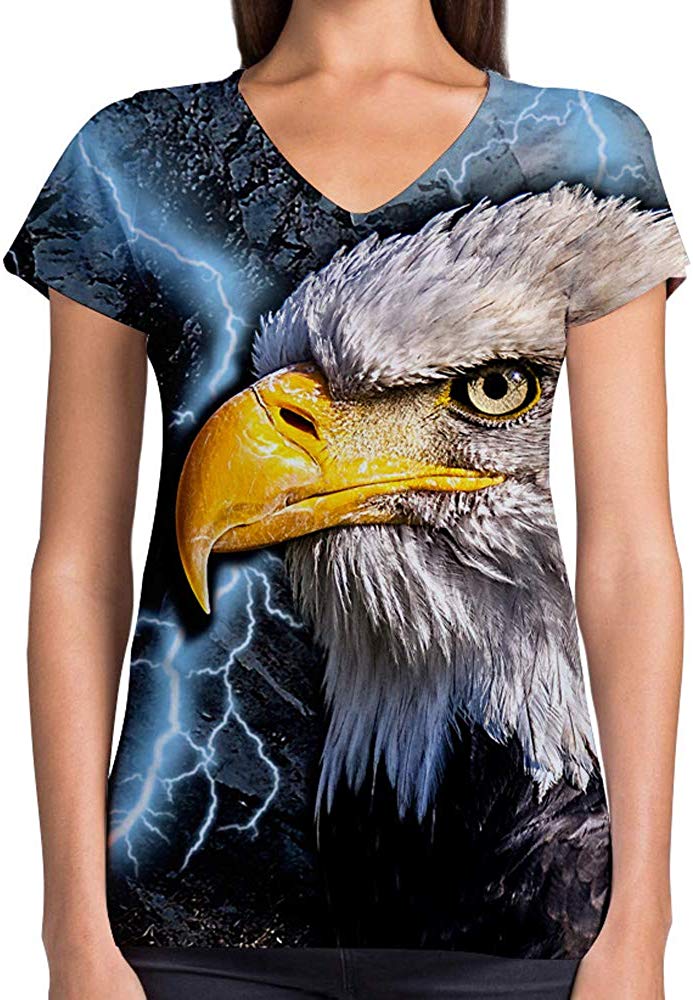 Animals Dinosaurs Others Print 3D Woman V Neck Tee Polyester Lightning Eagle