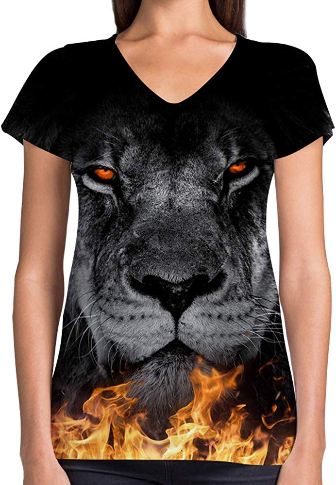 Animals Dinosaurs Others Print 3D Woman V Neck Tee Polyester Fire Lion