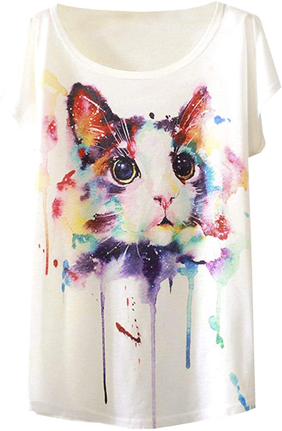 Women's Cute Cat Graphic Abstract Paint Splatter Casual T Shirt Top White
