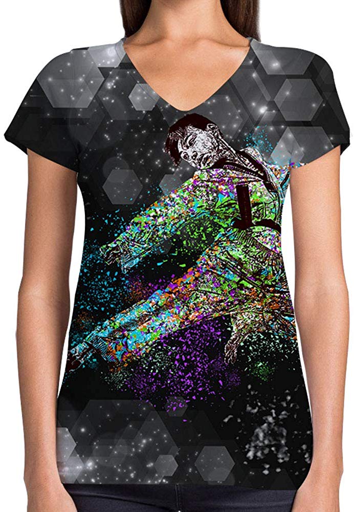 Sport Flag and Fire Print 3D Woman V Neck Tee Polyester Colorful Jiu Jitsu