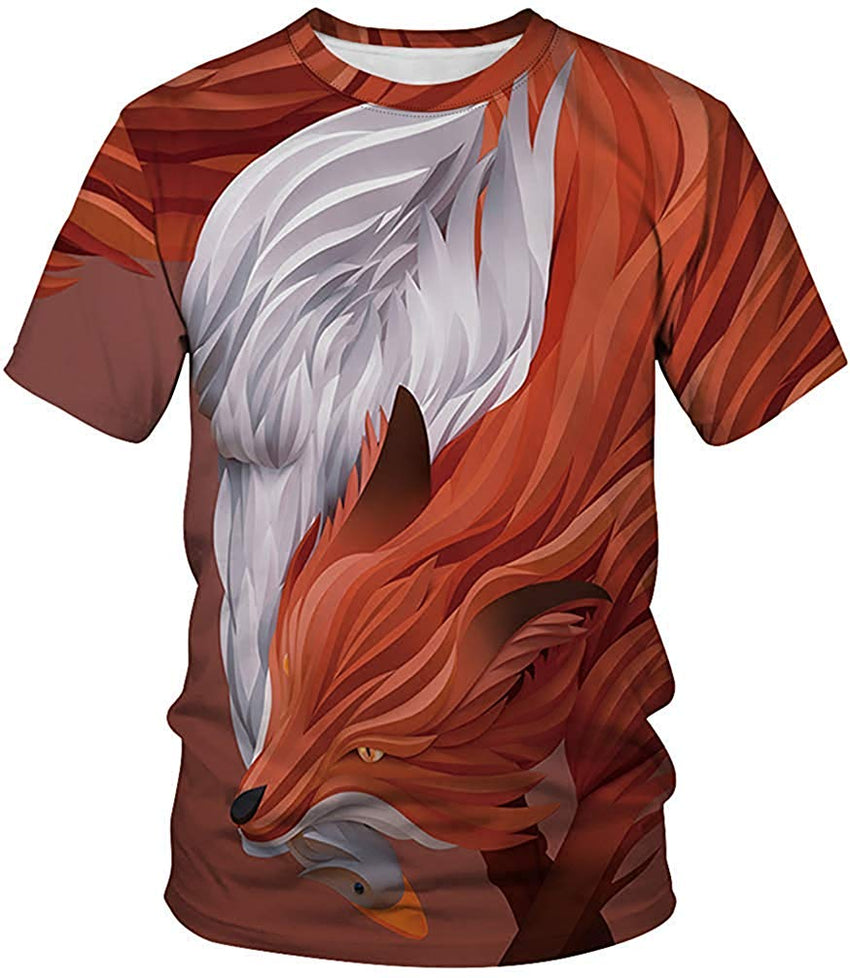 Men's Colorful 3D Animal Galaxy Print T Shirt Short Sleeve Fashion Casual Tees Orange and White Foxes
