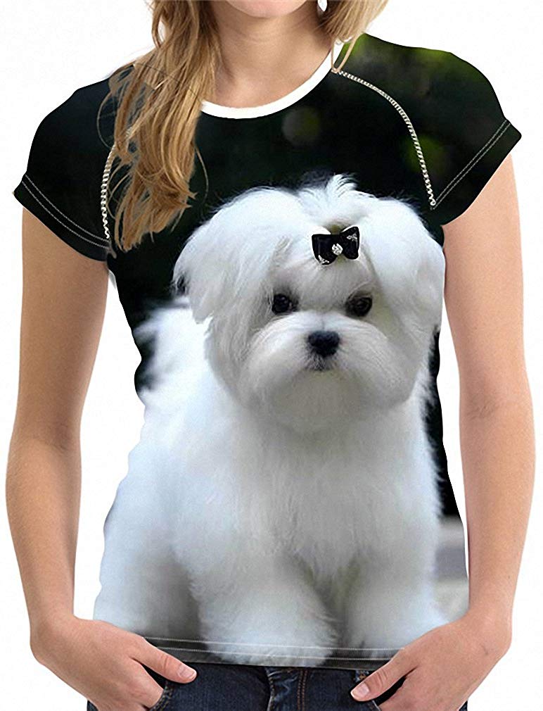 Womens 3D Maltese Dog Print Short Sleeve Breathable Tshirt Tops Tee H10849bv