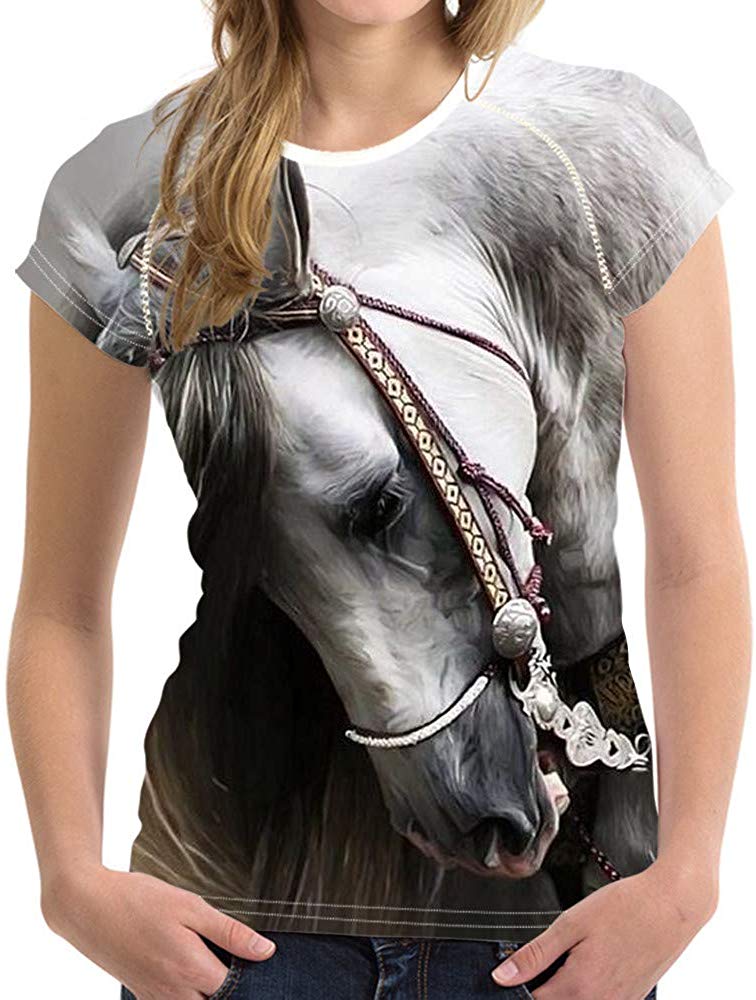 Horse Print Women T Shirt Art Design Tee Girls Elastic Short Sleeve Horse 02