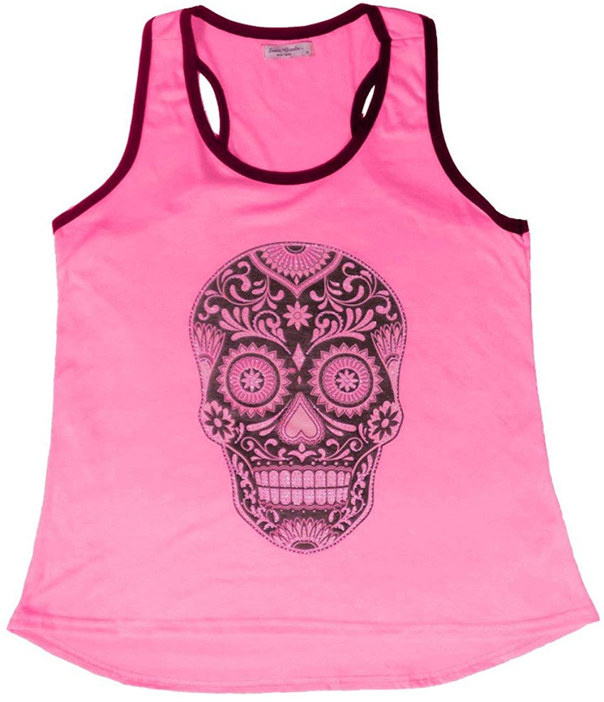 Sugar Skull Shirts for Women V Neck T Shirt Tee Beautiful Print Decorated with Rhinestones Pink