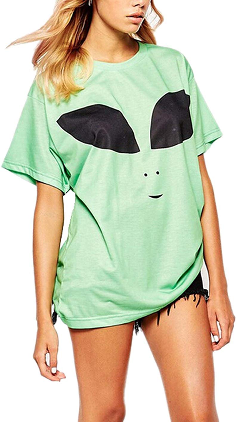 Womens Casual Alien Print Short Sleeve Loose T Shirt Top Green