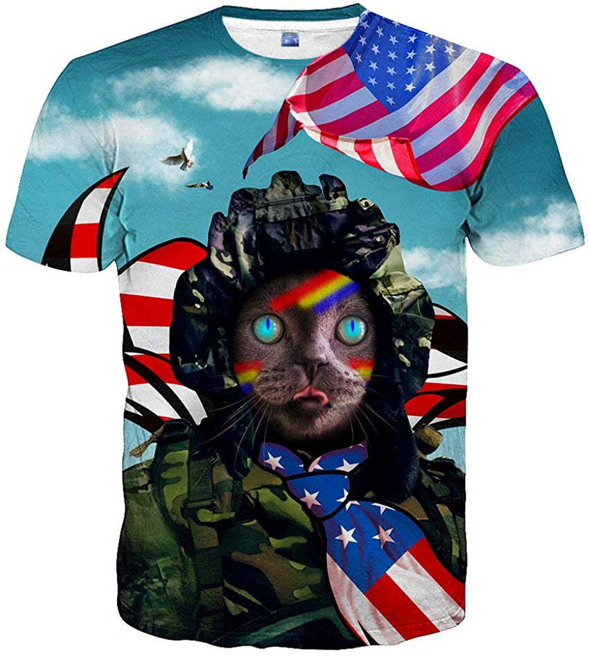 Unisex 3D Print Tshirts Short Sleeve Cool Graphic Tees for Women Men Flag cat