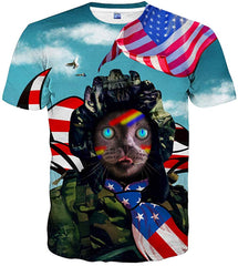Unisex 3D Print Tshirts Short Sleeve Cool Graphic Tees for Women Men Flag cat