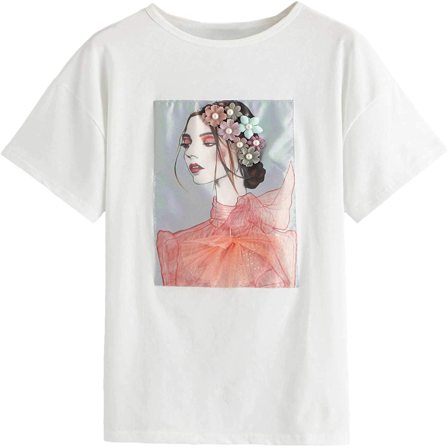 Romwe Women's Oversized Loose Short Sleeve Round Neck Graphic Print Applique Tee Shirt Tops Multicolored #12