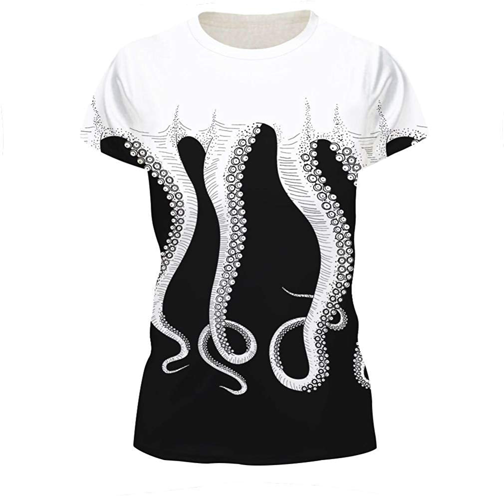 Velynce Unisex Thin Shirts Stylish 3D Digital Printed Lion Skull Casual Personality T Shirts Couple Clothing White Octopus #9