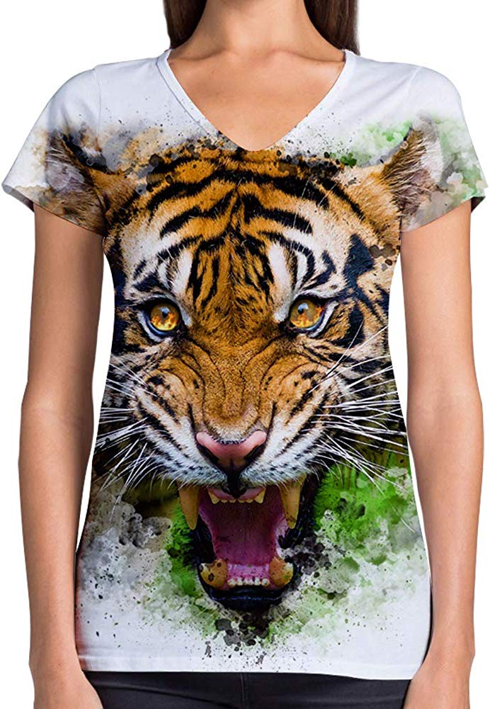 Animals Dinosaurs Others Print 3D Woman V Neck Tee Polyester Tiger Roar