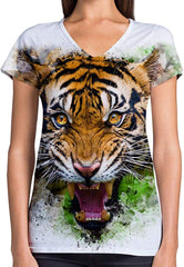 Animals Dinosaurs Others Print 3D Woman V Neck Tee Polyester Tiger Roar