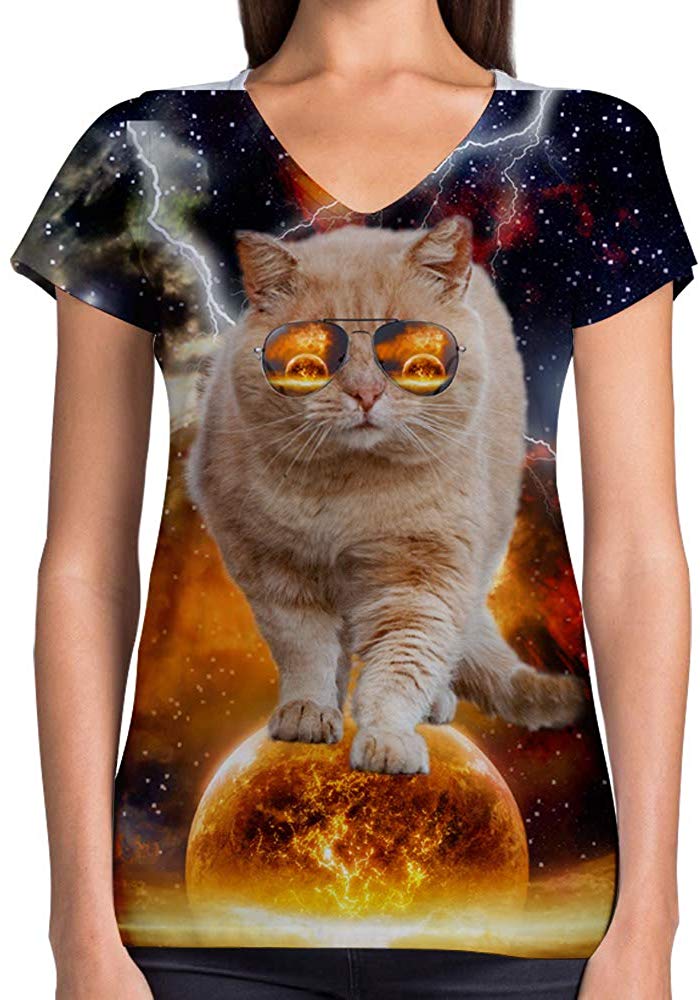 Animals Dinosaurs Others Print 3D Woman V Neck Tee Polyester Solar Cat