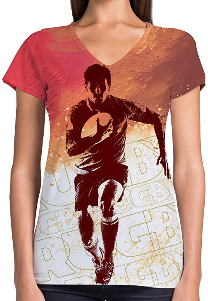 Sport Flag and Fire Print 3D Woman V Neck Tee Polyester Rugby Vintage