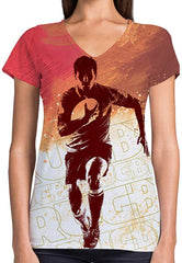 Sport Flag and Fire Print 3D Woman V Neck Tee Polyester Rugby Vintage