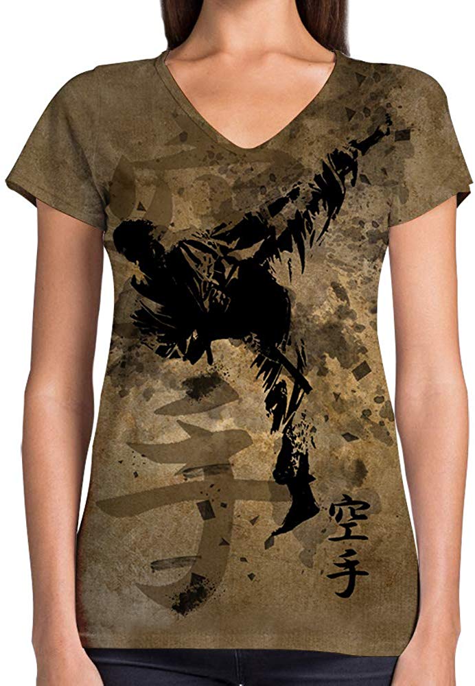 Sport Flag and Fire Print 3D Woman V Neck Tee Polyester Karate Ink