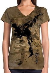 Sport Flag and Fire Print 3D Woman V Neck Tee Polyester Karate Ink